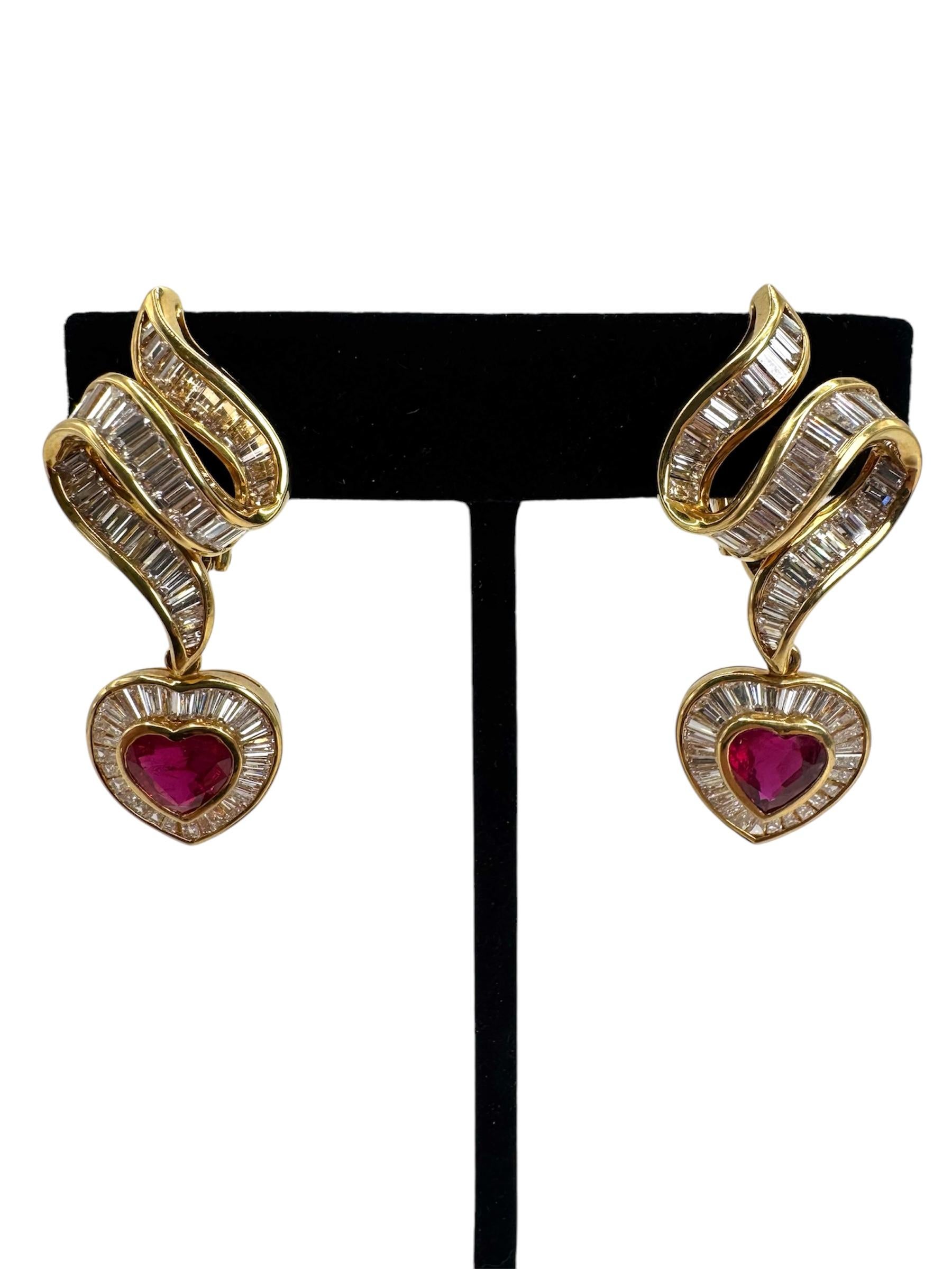 18K Yellow Gold Heart-Shaped Ruby and Baguette Diamond Swirl Earrings In Excellent Condition For Sale In Great Neck Plaza, NY