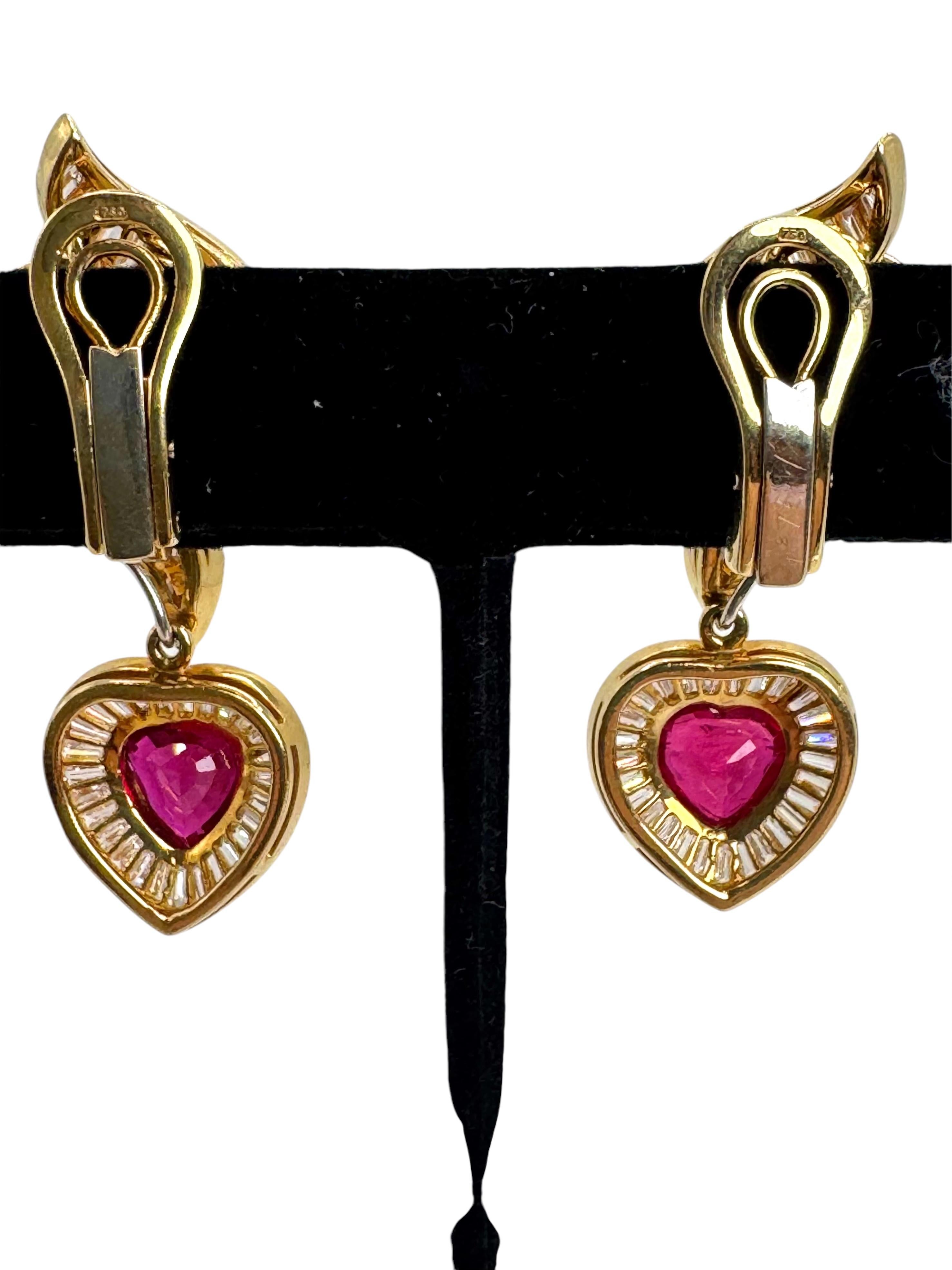 Women's 18K Yellow Gold Heart-Shaped Ruby and Baguette Diamond Swirl Earrings For Sale