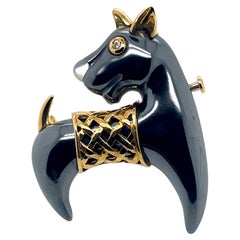 18k Yellow Gold Hematite Dog Pin