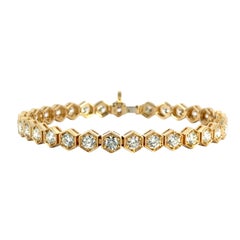 18k Yellow Gold Hexagon Bezel 7.25ctw Natural Round Diamond Tennis Bracelet