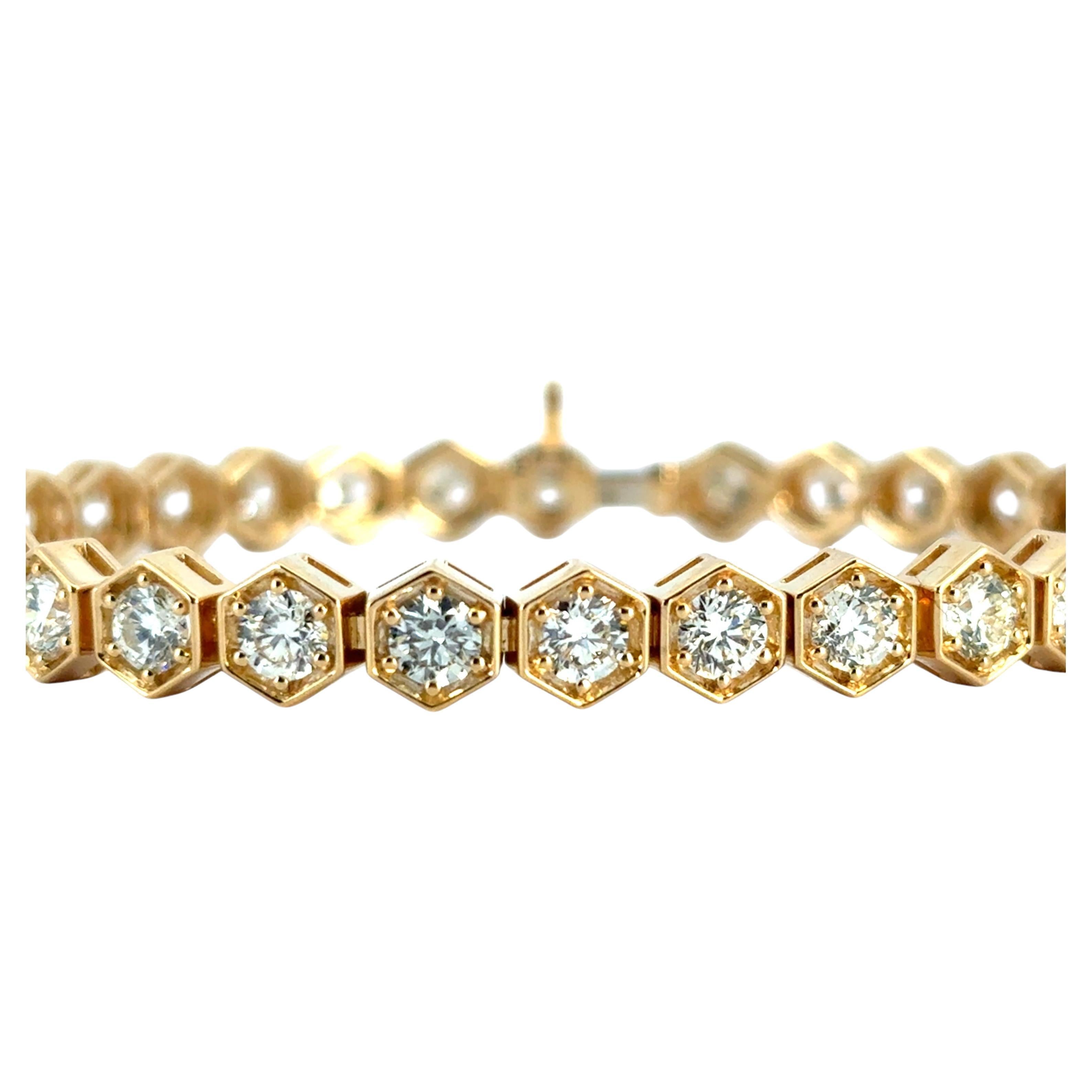 18k Yellow Gold Hexagon Bezel 7.25ctw Natural Round Diamond Tennis Bracelet