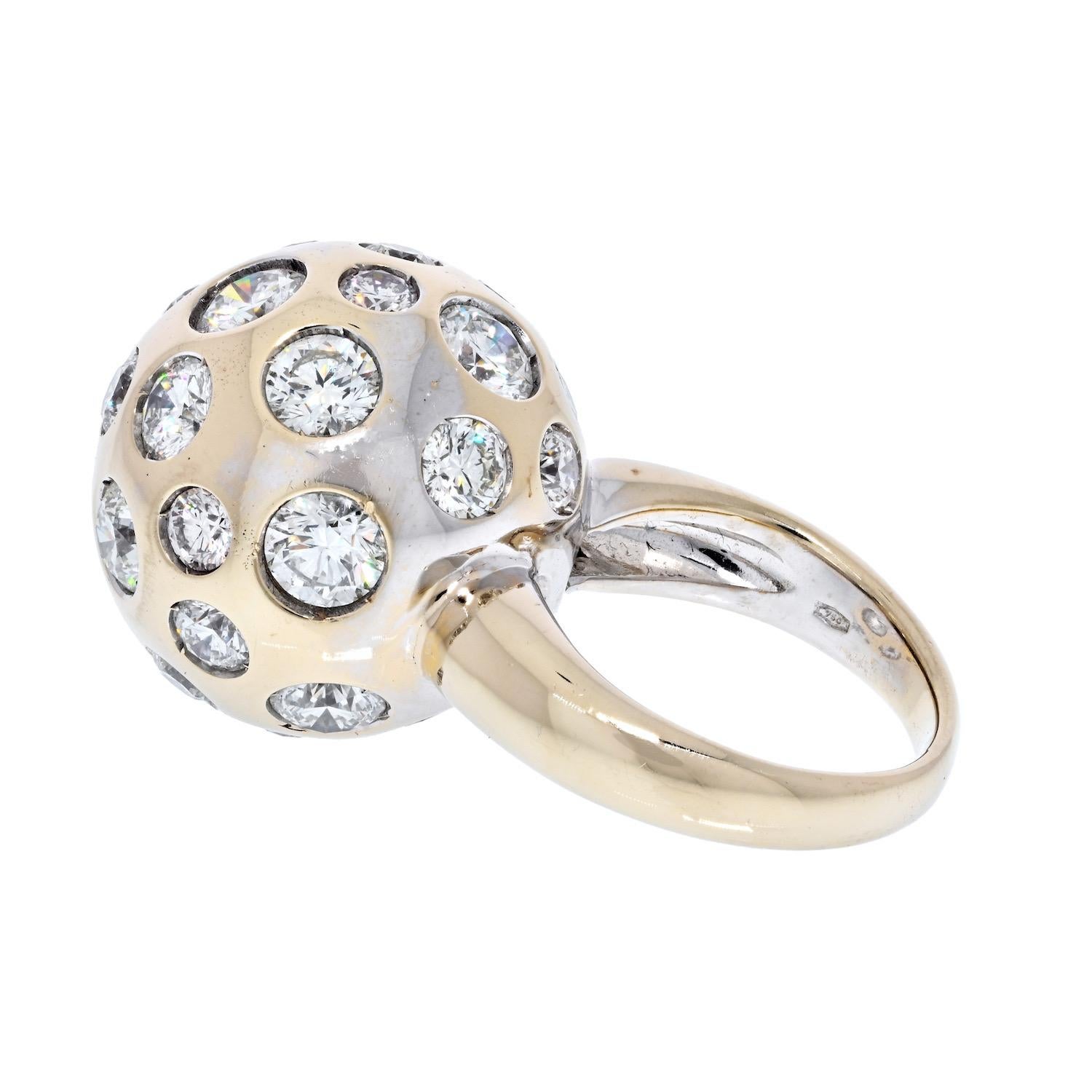 This fun and contemporary ring is a perfect go to piece when strolling around town. Burnish set diamonds are mounted secure and with no support of any prongs, it will never scartch your finger or catch on clothes. 
This ring has a fun design idea,