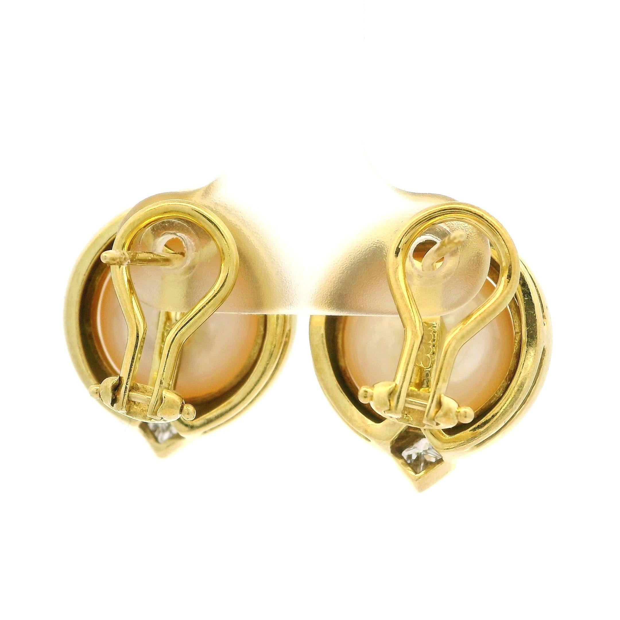18k Yellow Gold High Quality 11.4mm Mabe Pearl & 0.40ctw Diamond Button Earrings In Excellent Condition For Sale In Montclair, NJ