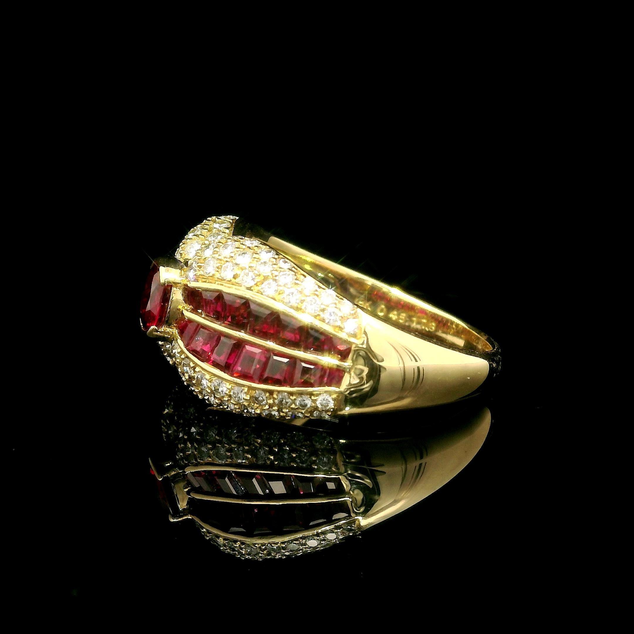 --Stone(s):--
(1) Natural Genuine Ruby - Oval Cut - Half Bezel/Channel Set - Vivid Red Color - 0.45ct (exact)
(28) Natural Genuine Ruby - Calibre Cut - Channel Set - Clean Vivid Deep Red Color - 1.73ctw (exact)
Numerous Natural Genuine Diamonds -