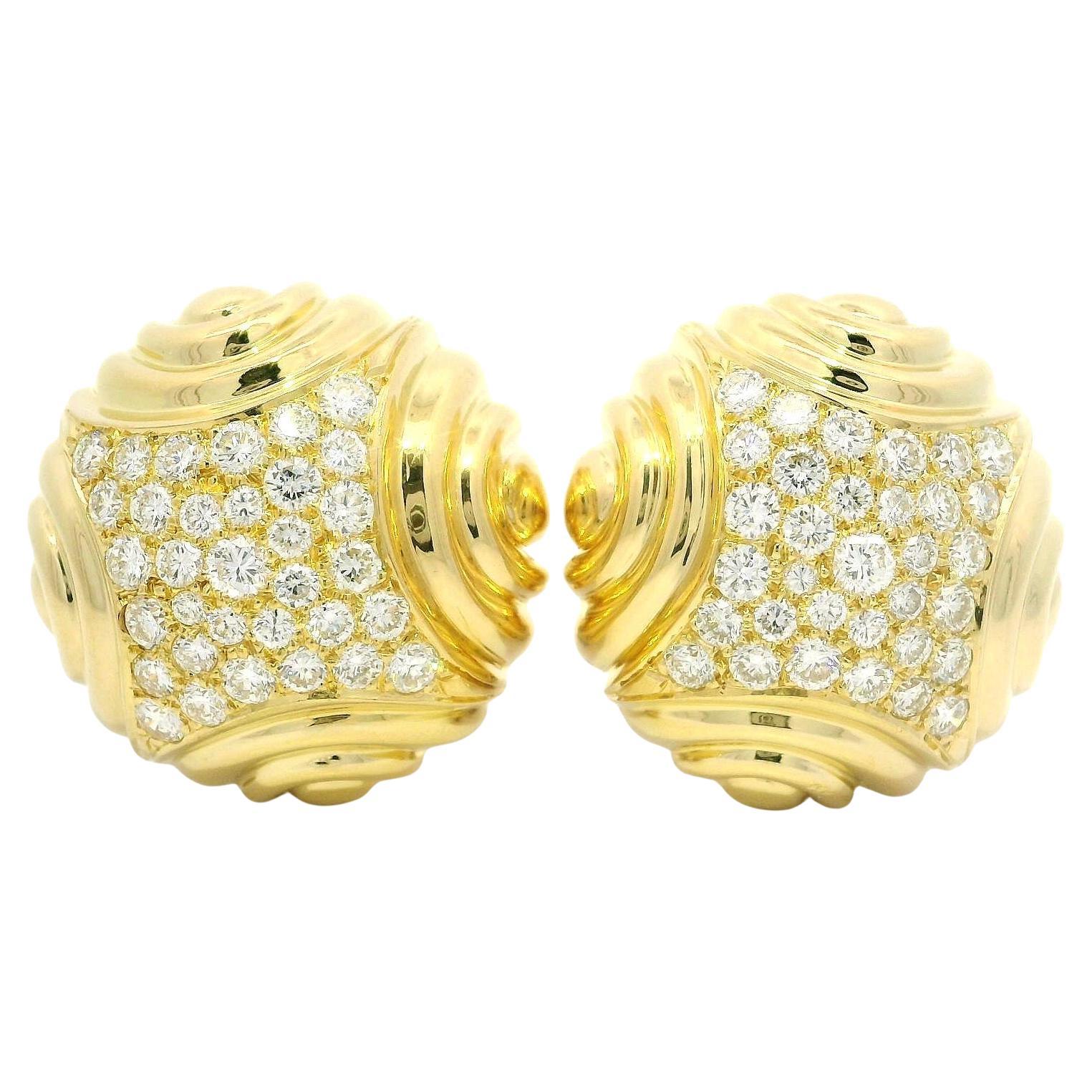 18k Yellow Gold High Quality 2ctw Diamond Grooved Round Button Clip On Earrings