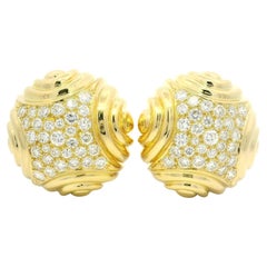 18k Yellow Gold High Quality 2ctw Diamond Grooved Round Button Clip On Earrings