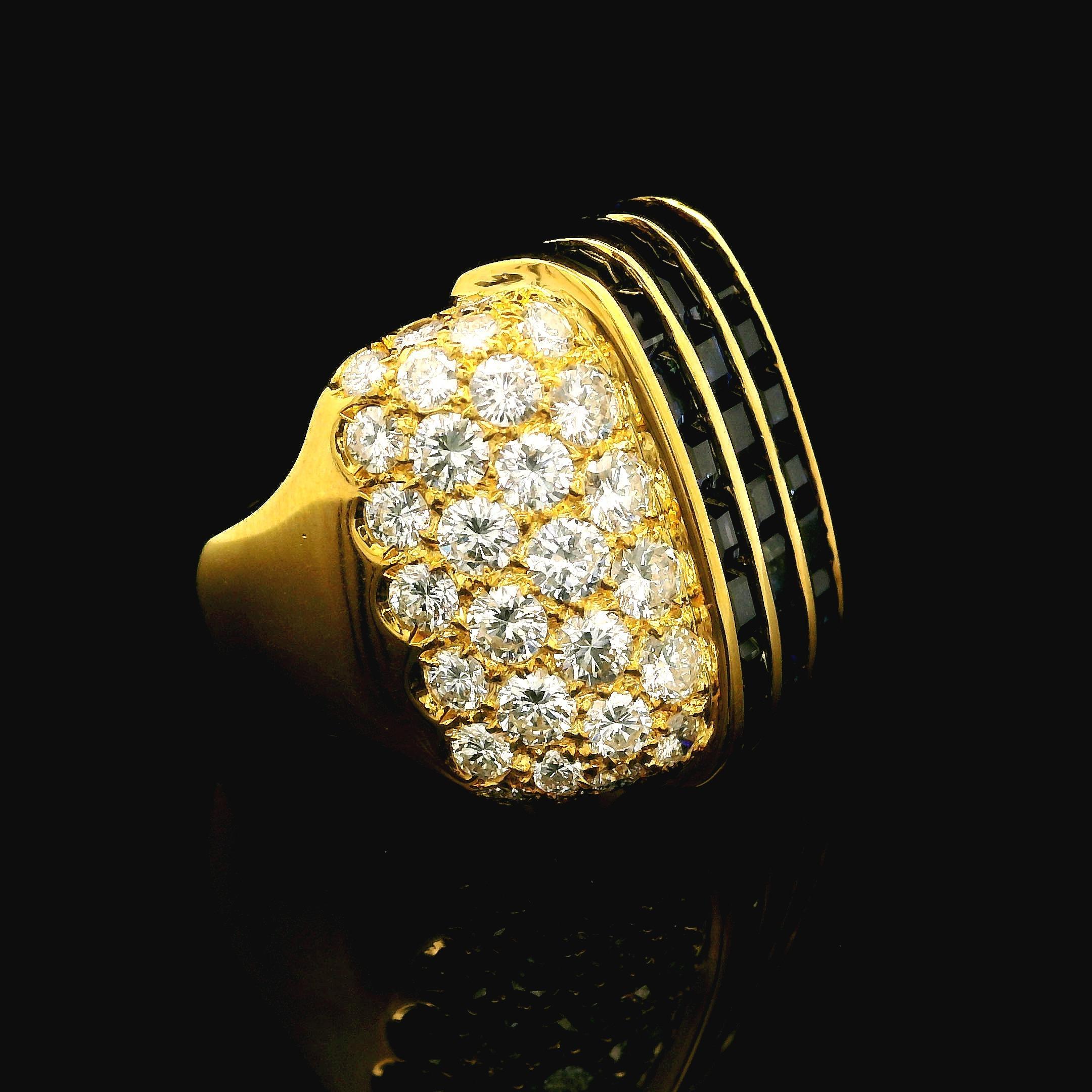Anello a fascia larga da 19,6 mm in oro giallo 18k di alta qualità con zaffiro e diamante da 6,54 carati In condizioni ottime in vendita a Montclair, NJ