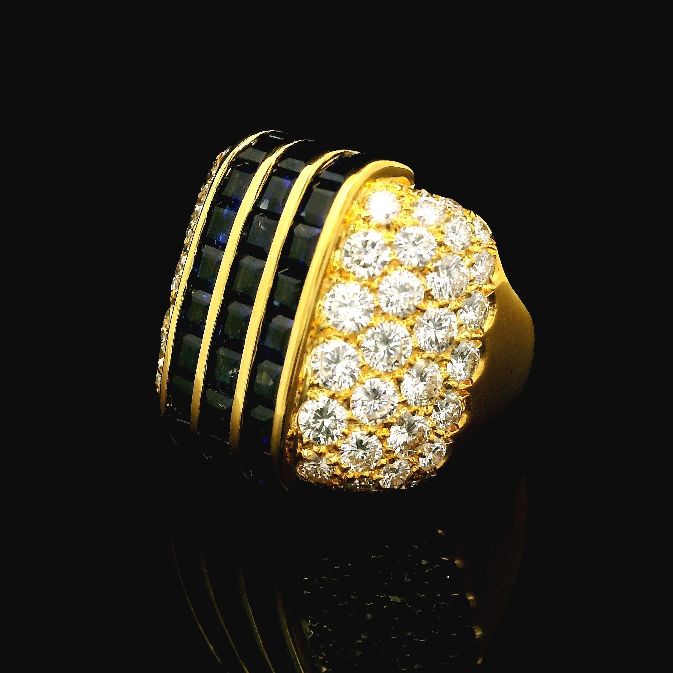 Donna Anello a fascia larga da 19,6 mm in oro giallo 18k di alta qualità con zaffiro e diamante da 6,54 carati in vendita