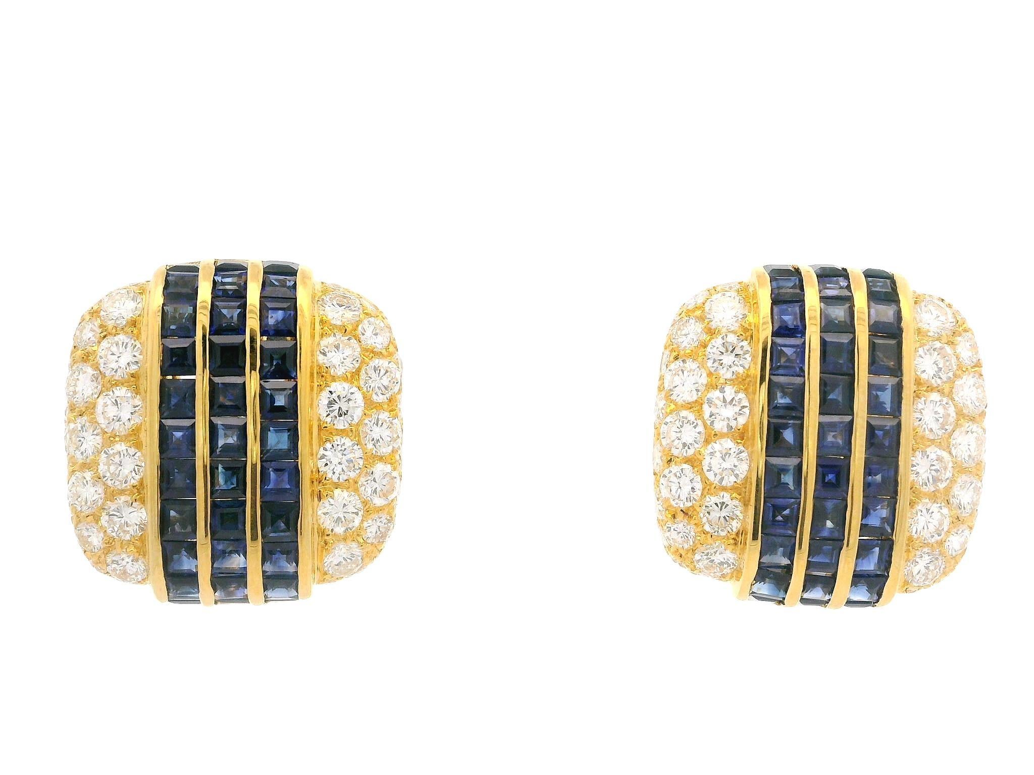 Square Cut 18k Yellow Gold High Quality 9.77ctw Sapphire Diamond Cushion Button Earrings For Sale