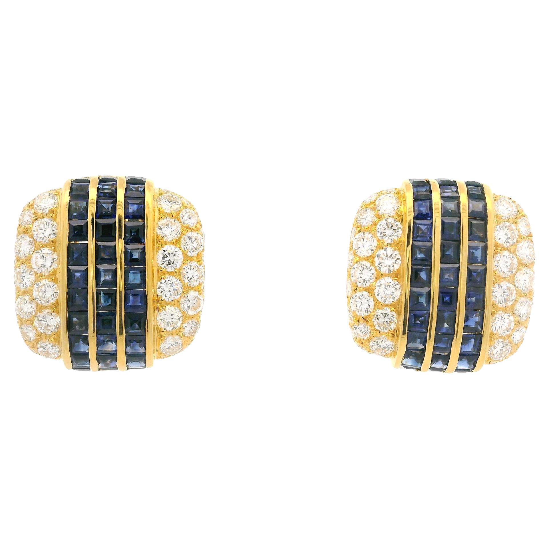 18k Yellow Gold High Quality 9.77ctw Sapphire Diamond Cushion Button Earrings For Sale