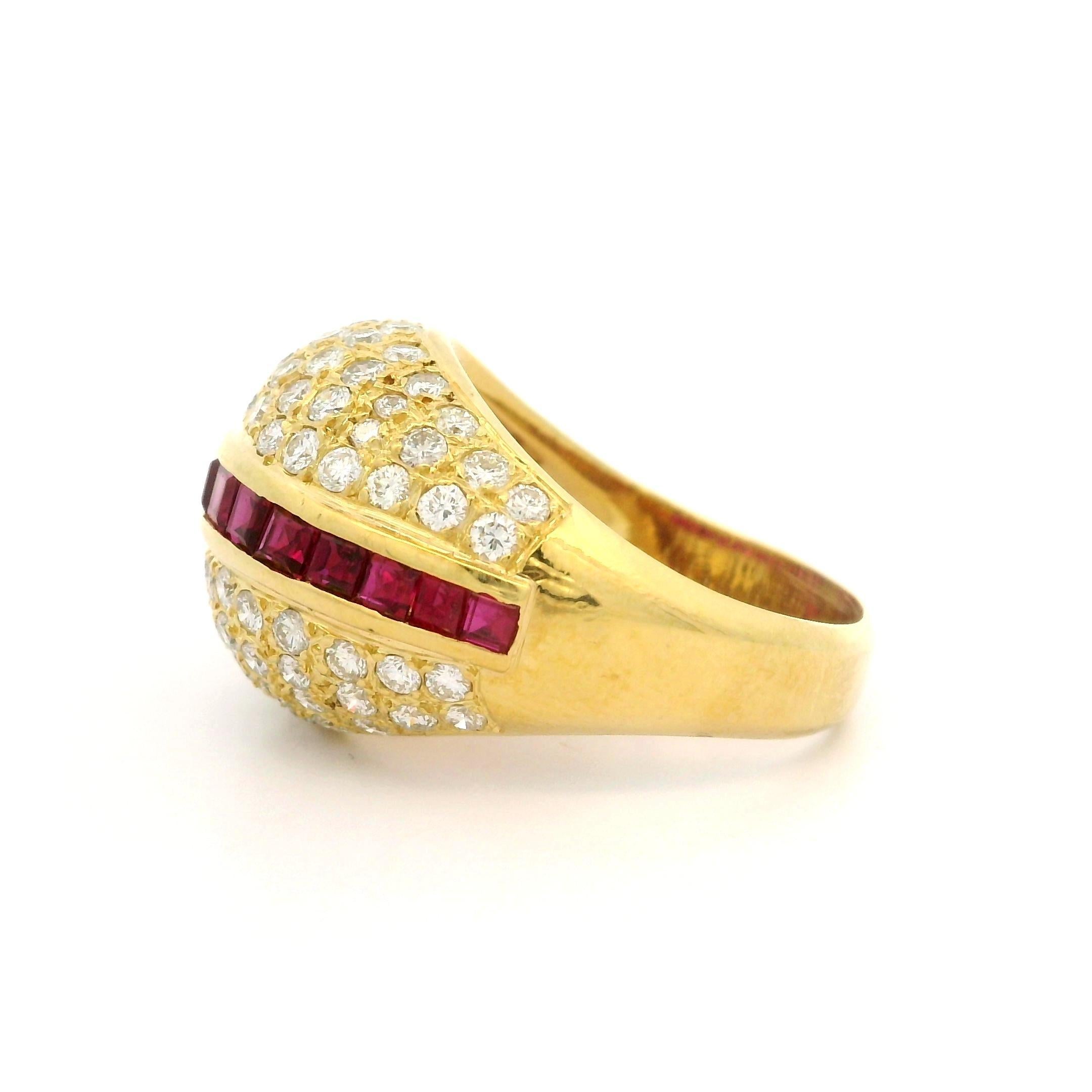 18k Yellow Gold High Quality Ruby & Pave Diamond Domed Cocktail Bombe Band Ring For Sale 6