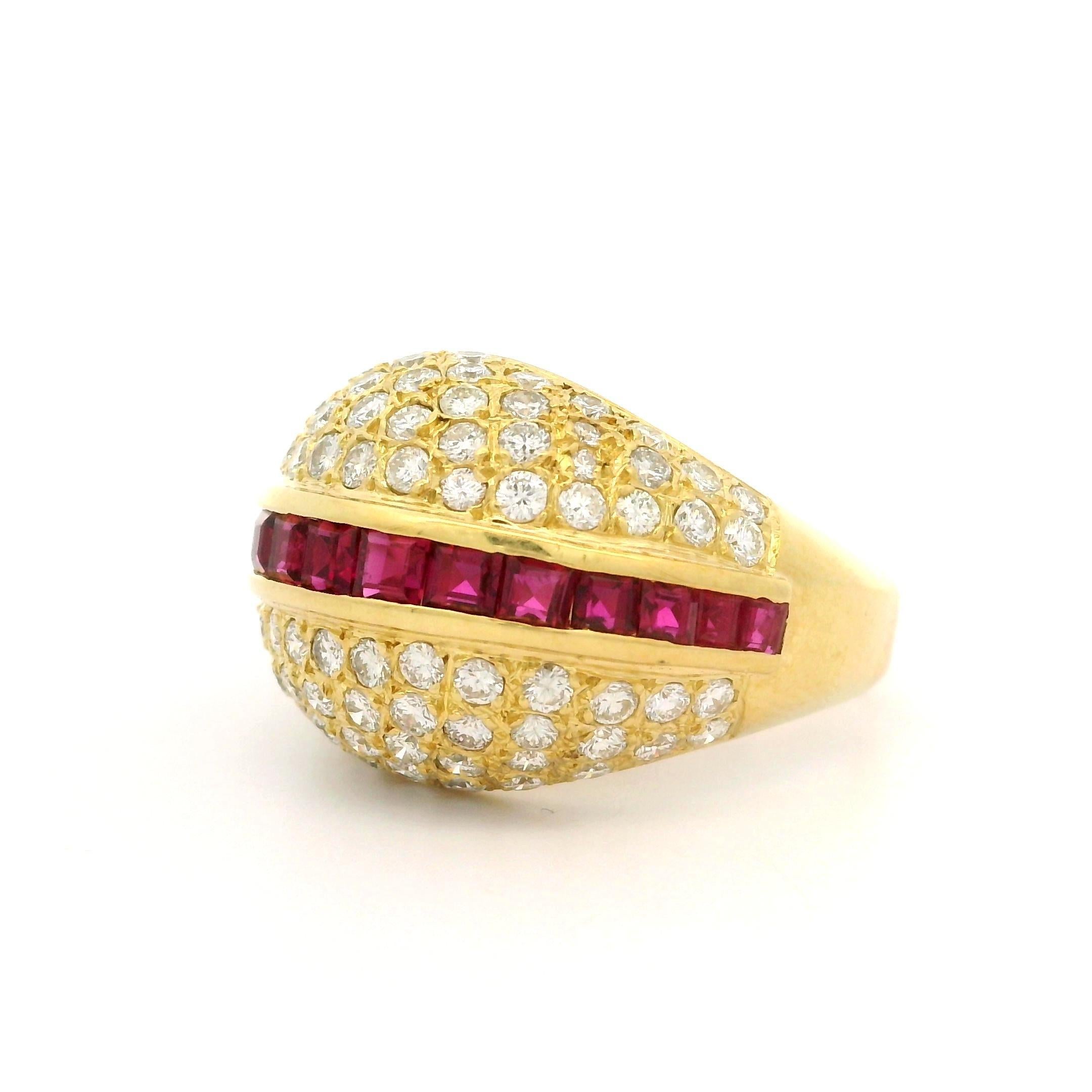 18k Yellow Gold High Quality Ruby & Pave Diamond Domed Cocktail Bombe Band Ring For Sale 7