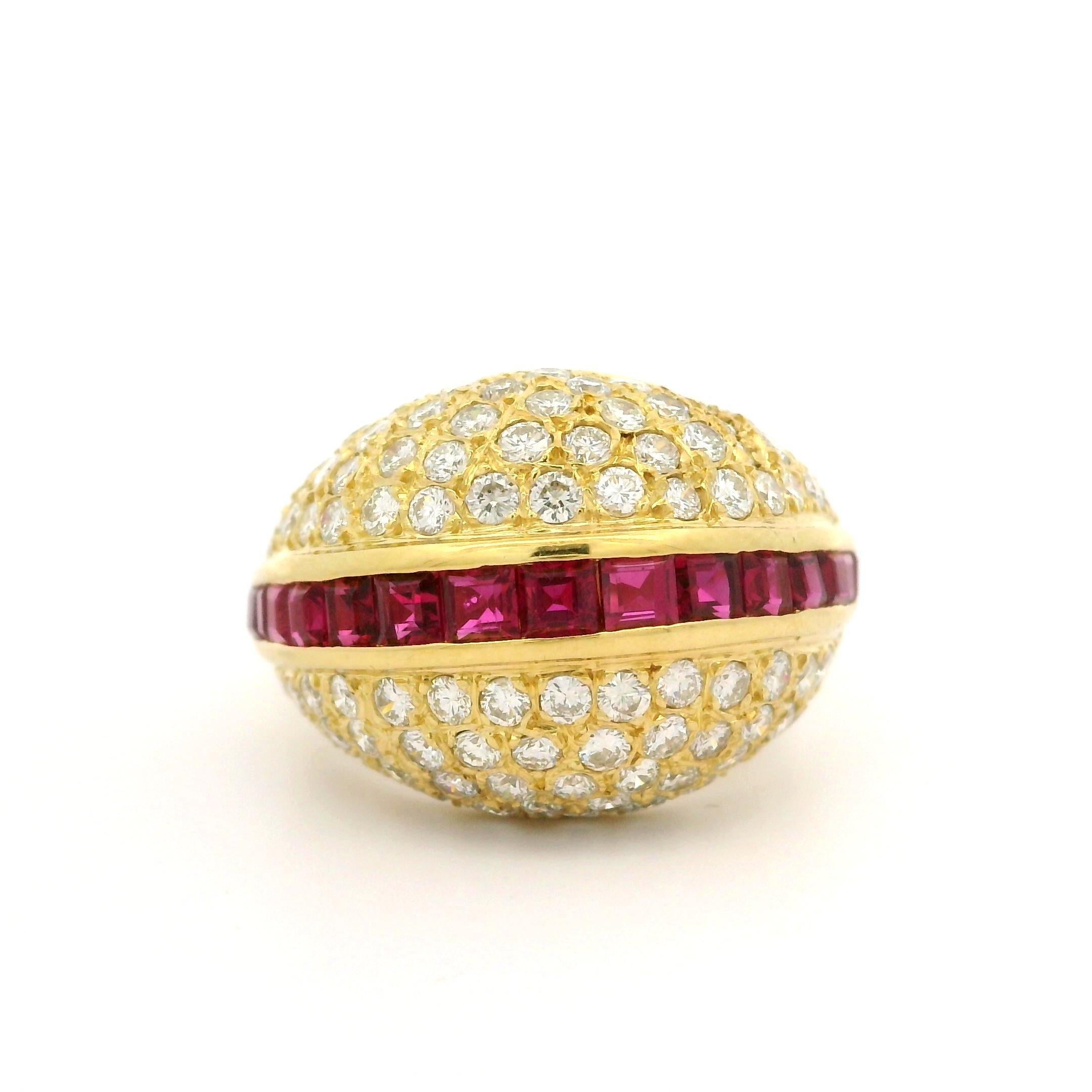 18k Yellow Gold High Quality Ruby & Pave Diamond Domed Cocktail Bombe Band Ring For Sale 8