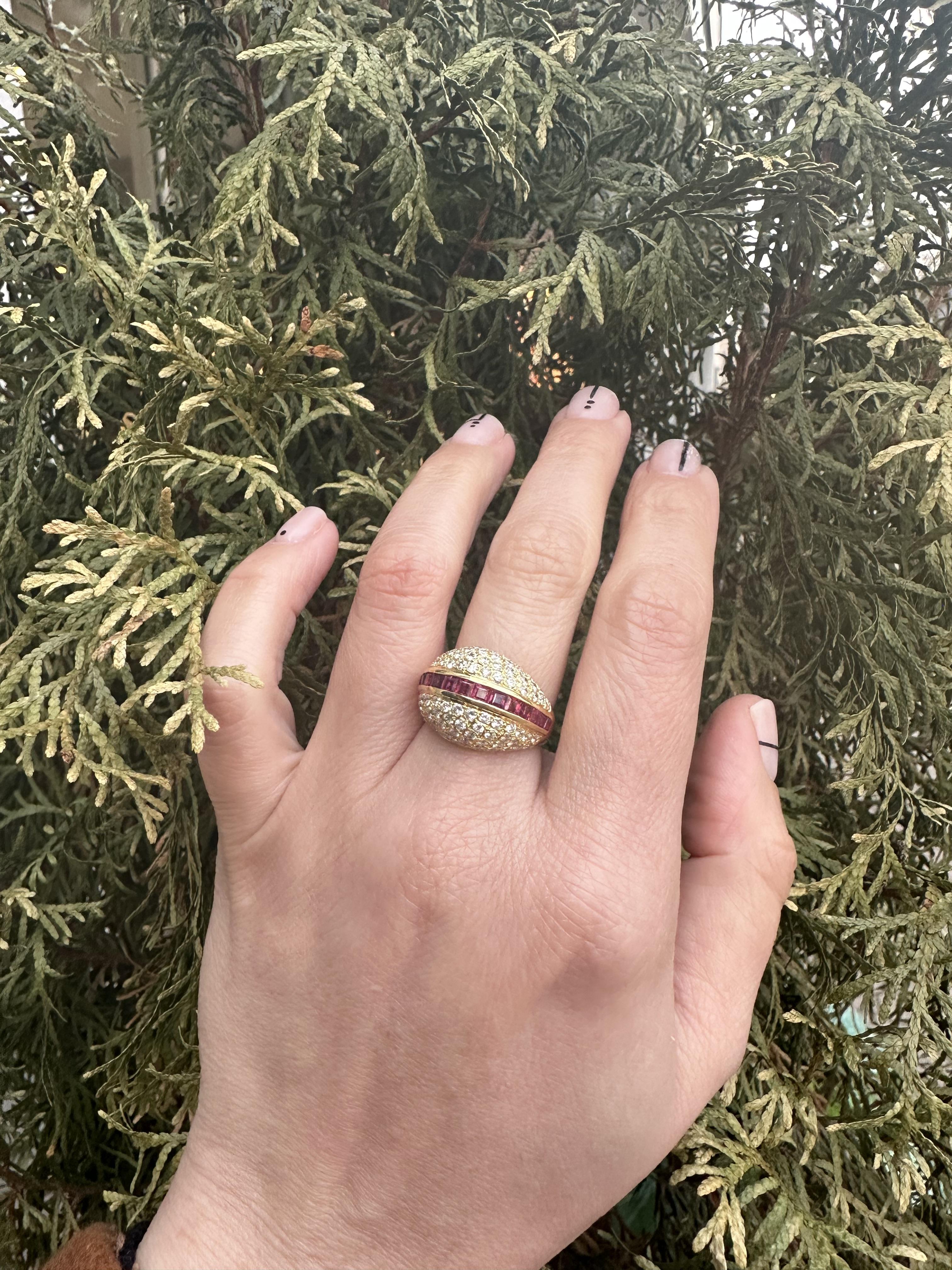 Square Cut 18k Yellow Gold High Quality Ruby & Pave Diamond Domed Cocktail Bombe Band Ring For Sale