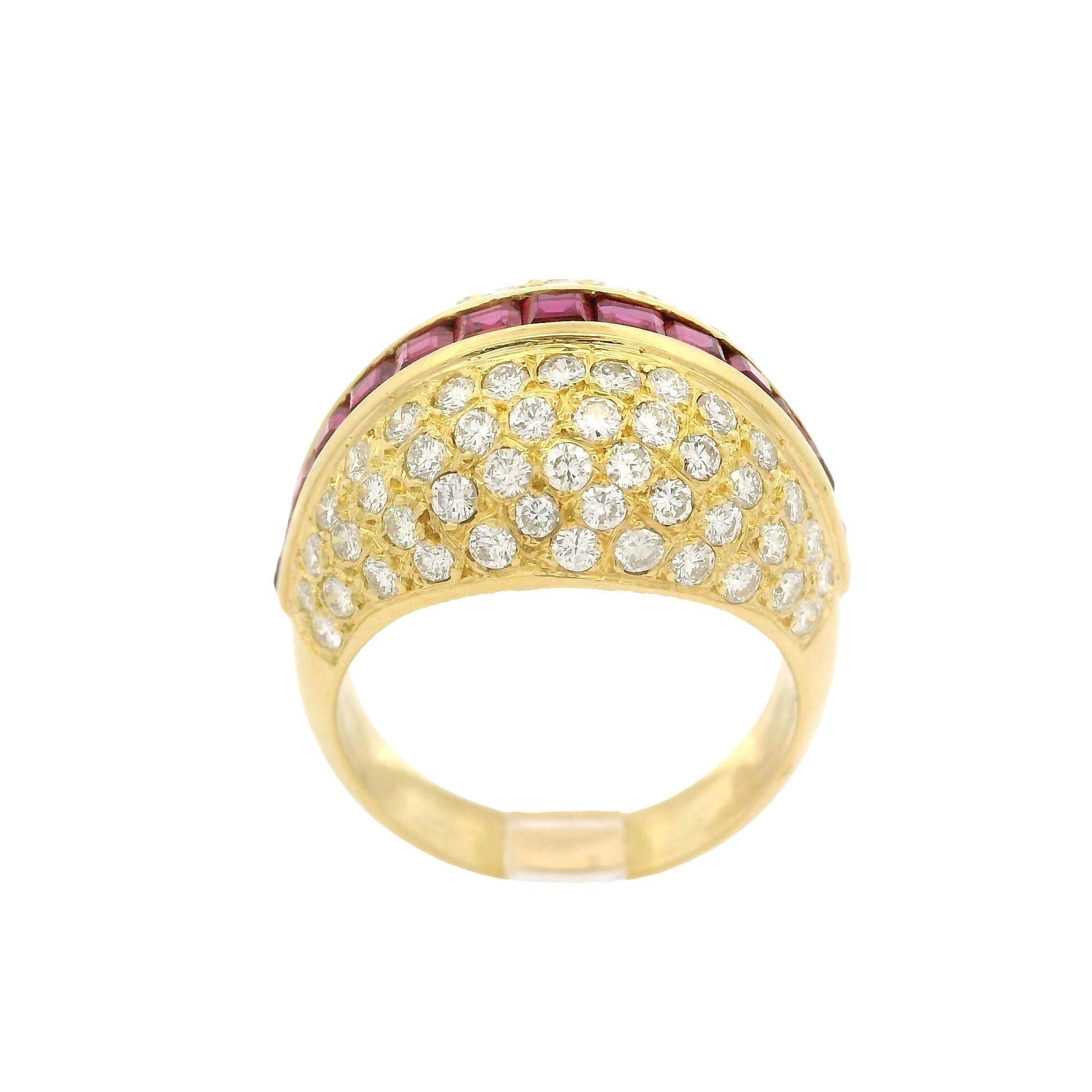 Women's 18k Yellow Gold High Quality Ruby & Pave Diamond Domed Cocktail Bombe Band Ring For Sale