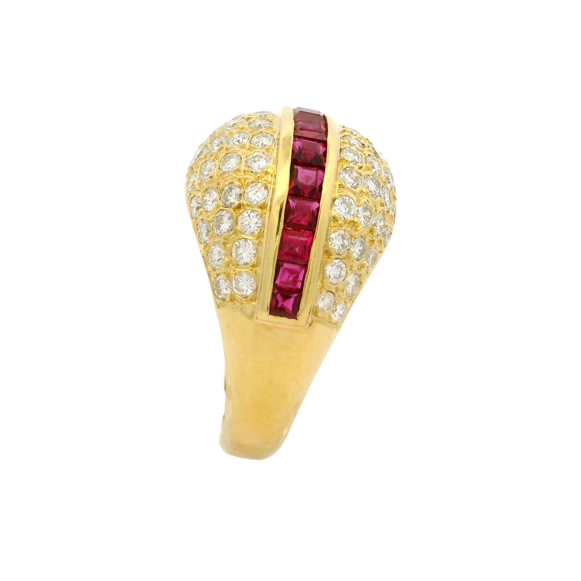 18k Yellow Gold High Quality Ruby & Pave Diamond Domed Cocktail Bombe Band Ring For Sale 1