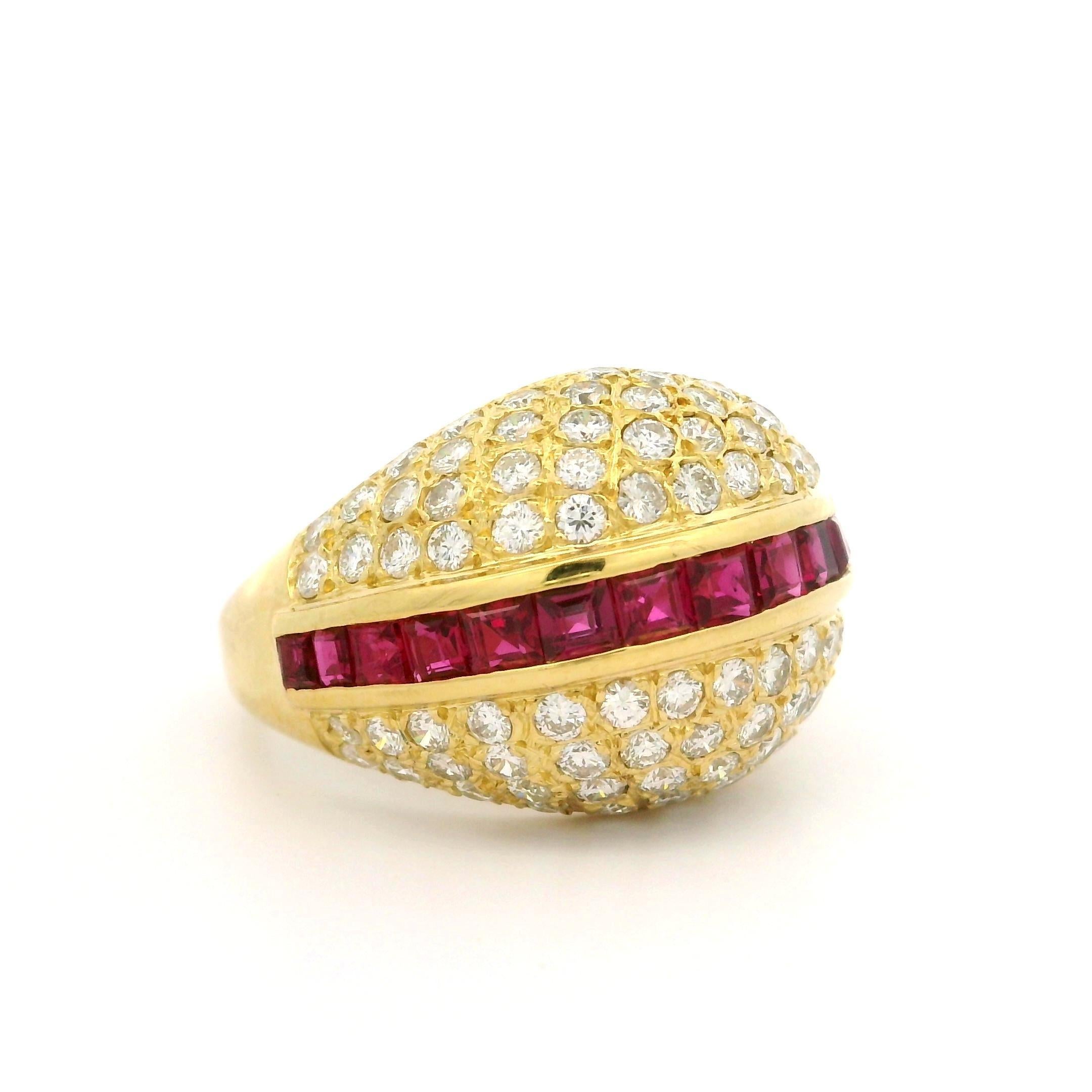 18k Yellow Gold High Quality Ruby & Pave Diamond Domed Cocktail Bombe Band Ring For Sale 3
