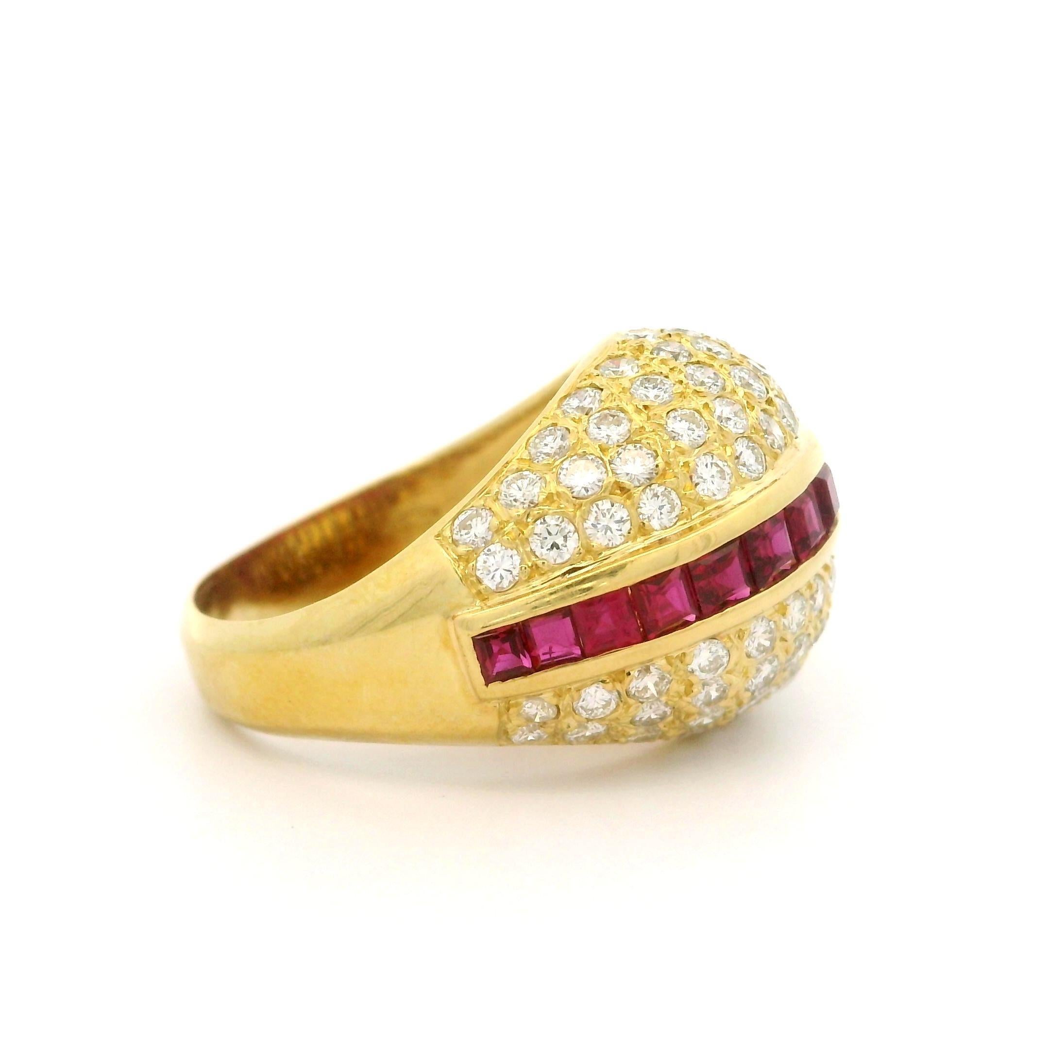 18k Yellow Gold High Quality Ruby & Pave Diamond Domed Cocktail Bombe Band Ring For Sale 4