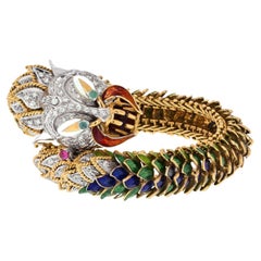 18K Yellow Gold Highly Decorated Green and Blue Diamond Dragon Bracelet