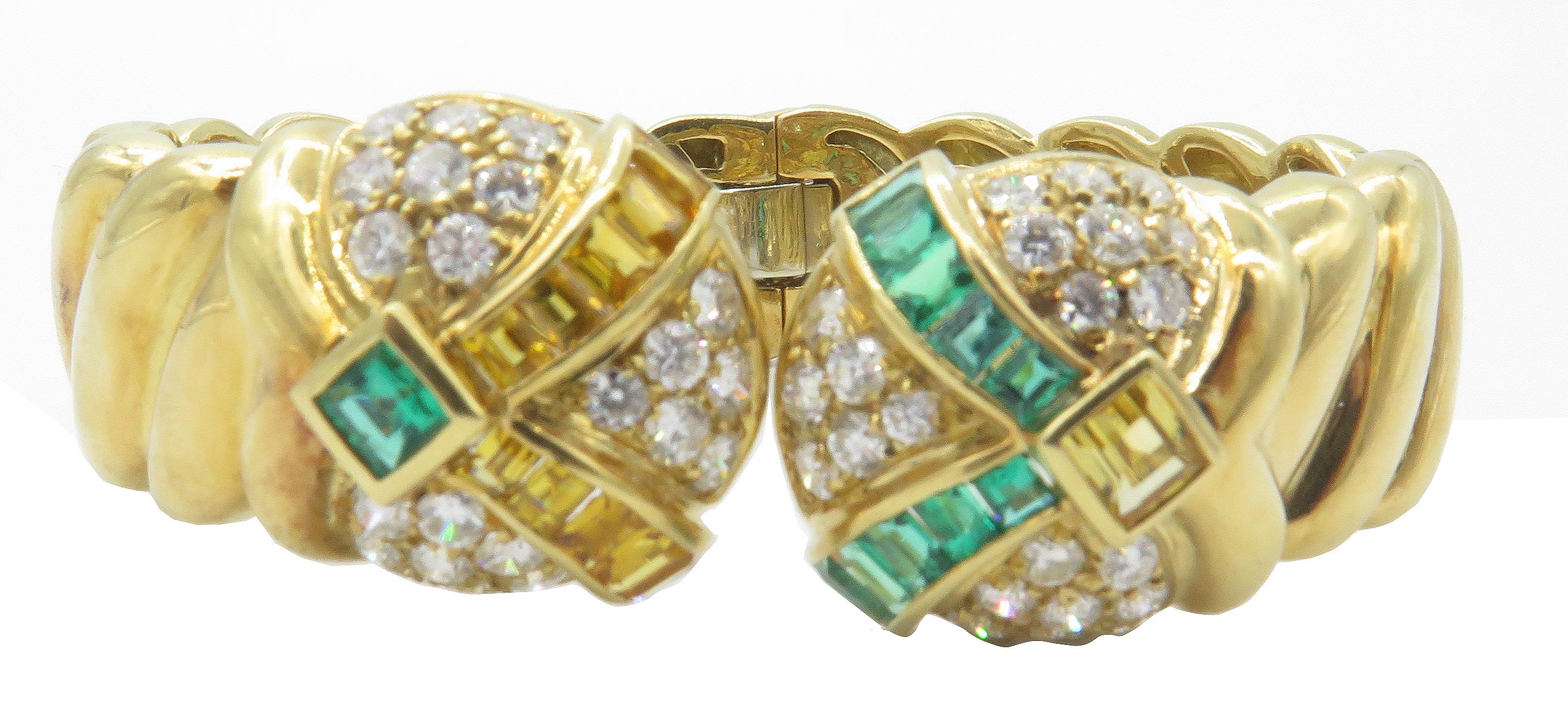 Round Cut 18 Karat Yellow Gold Hinged Bangle with Diamonds, Emeralds and Citrine For Sale