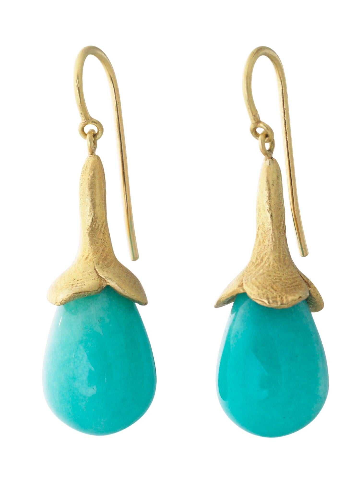 Women's 18k Yellow Gold Hook Earrings with Blue Amber Drops For Sale