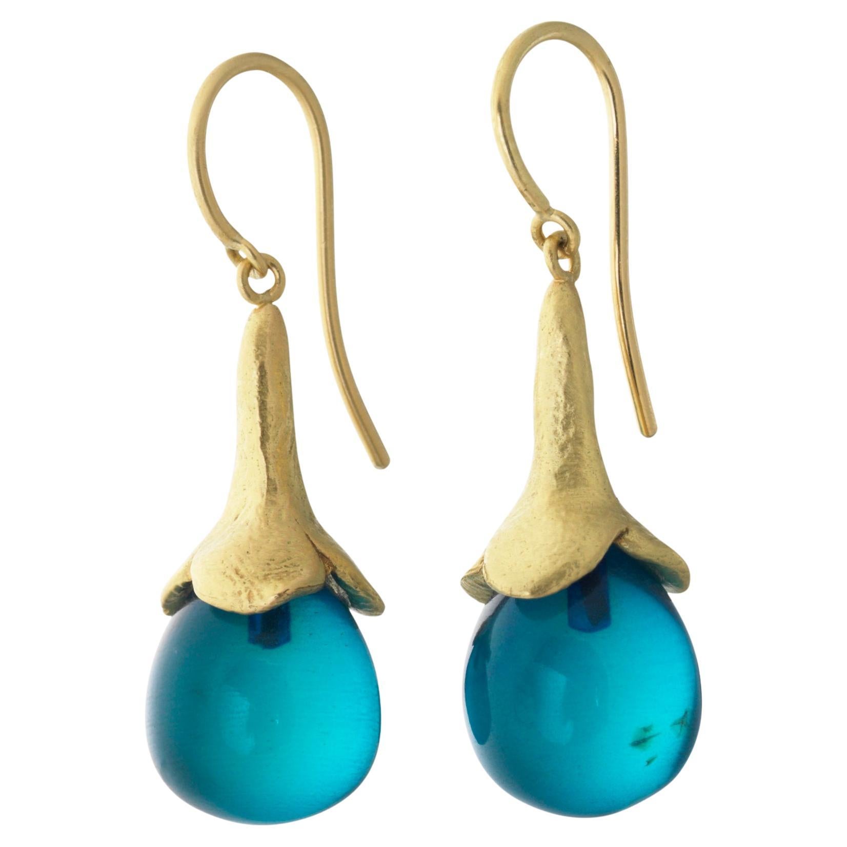 18k Yellow Gold Hook Earrings with Blue Amber Drops