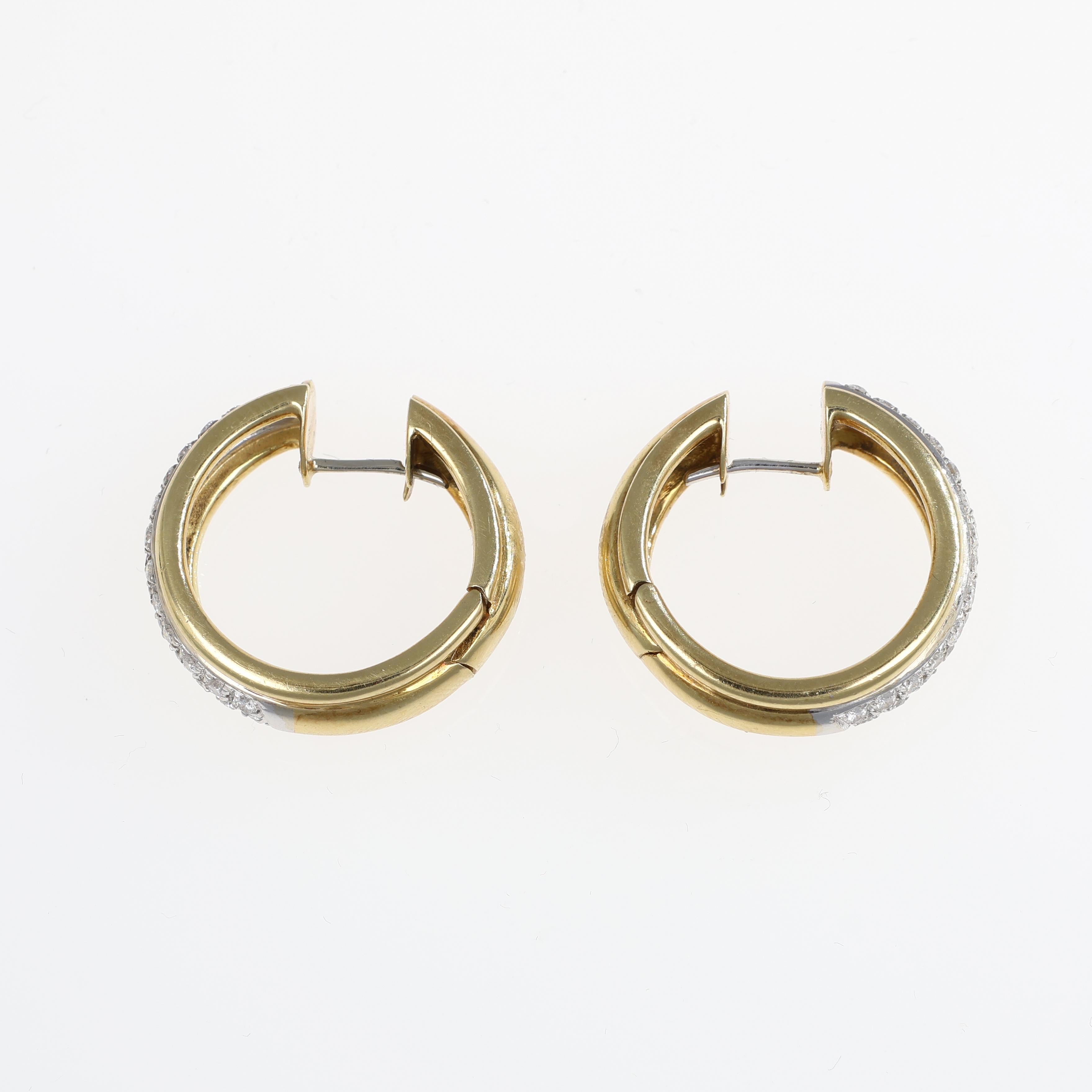 Brilliant Cut 18K Yellow Gold Hoop Earrings with Diamonds For Sale