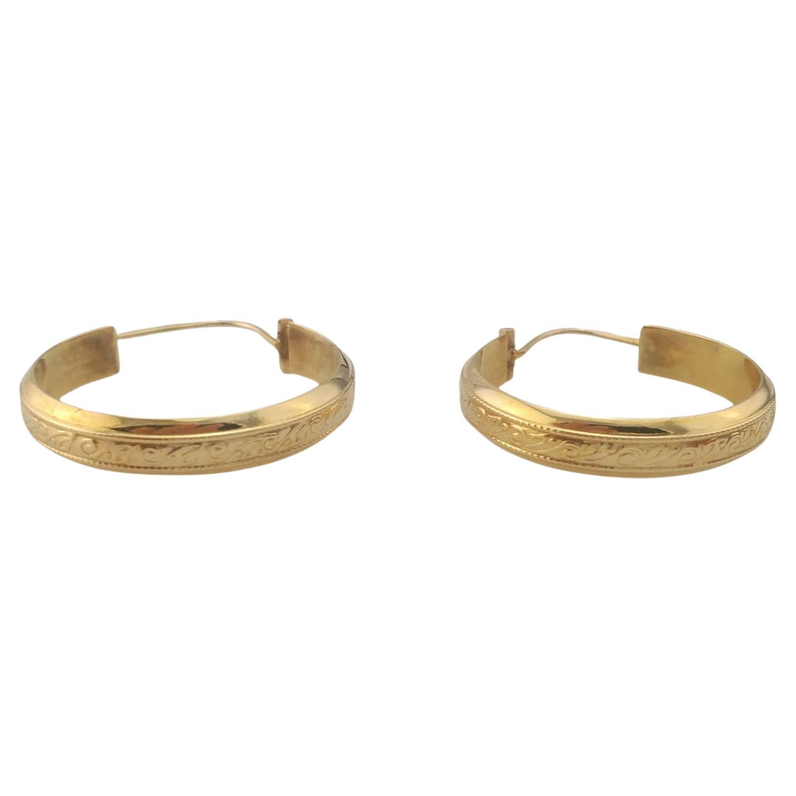 18K Yellow Gold Hoop Earrings with Scrolling Vine Design #17304 For Sale
