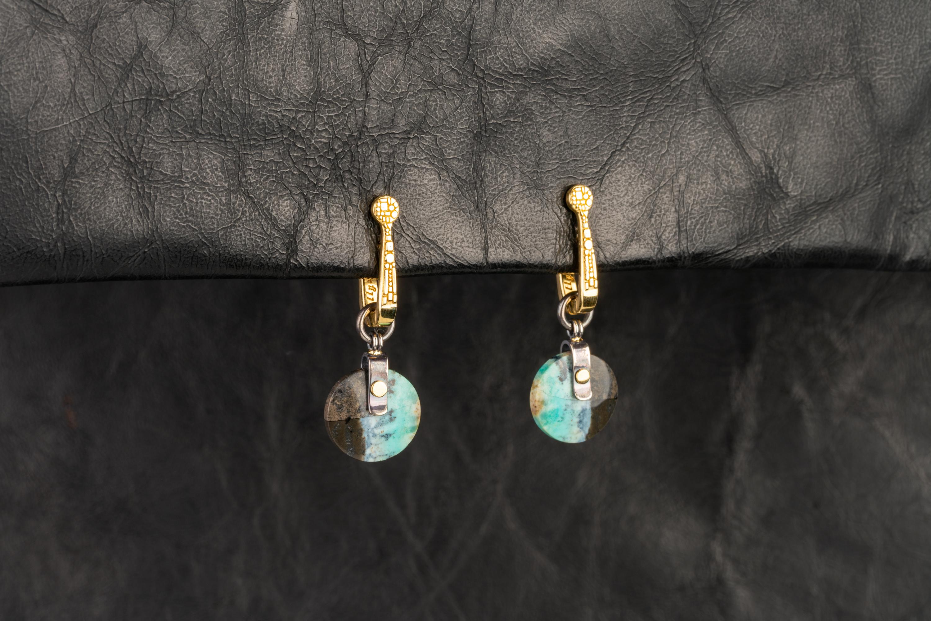 Round Cut 18 Karat Yellow Gold Hoops with Opal and Petrified Wood Jackets