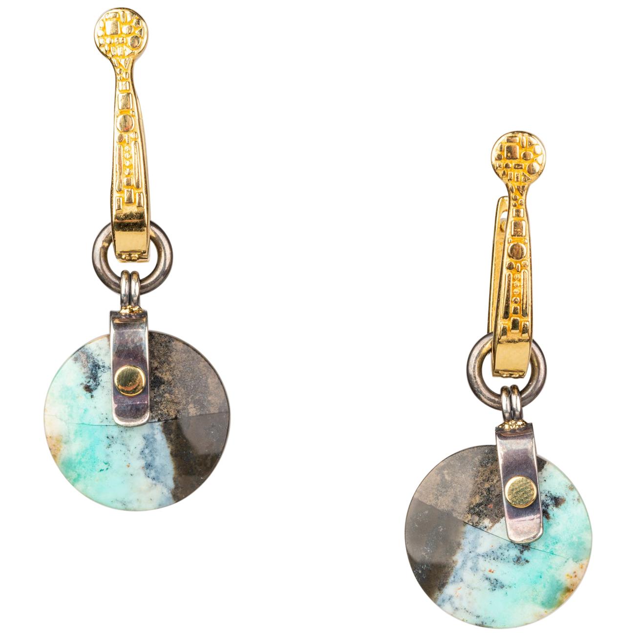 18 Karat Yellow Gold Hoops with Opal and Petrified Wood Jackets