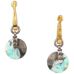 18 Karat Yellow Gold Hoops with Opal and Petrified Wood Jackets
