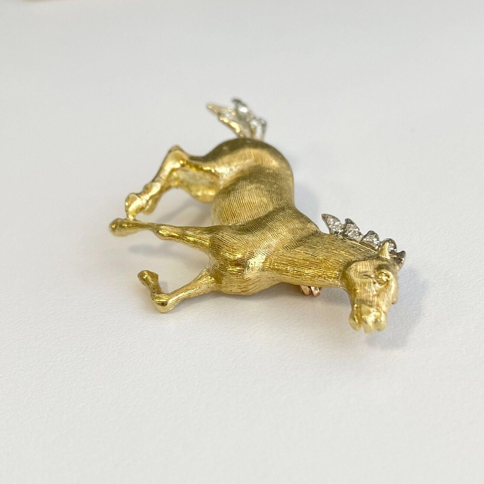Artisan 18K Yellow Gold Horse Brooch Pin w/ Diamonds