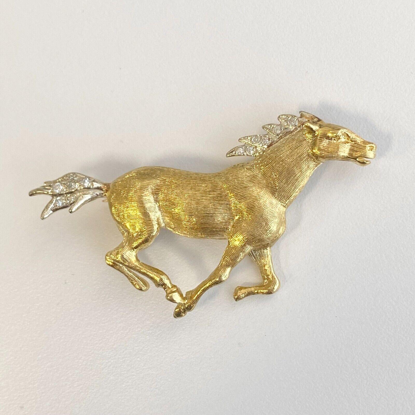 Women's or Men's 18K Yellow Gold Horse Brooch Pin w/ Diamonds