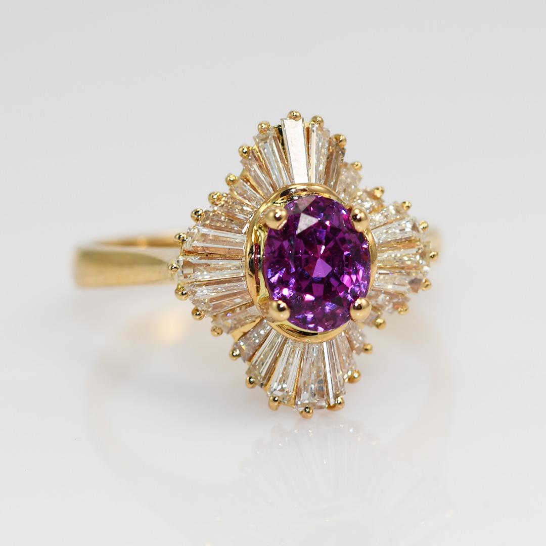 18K Yellow Gold Hot Pink Sapphire & Diamond Ring For Sale 6