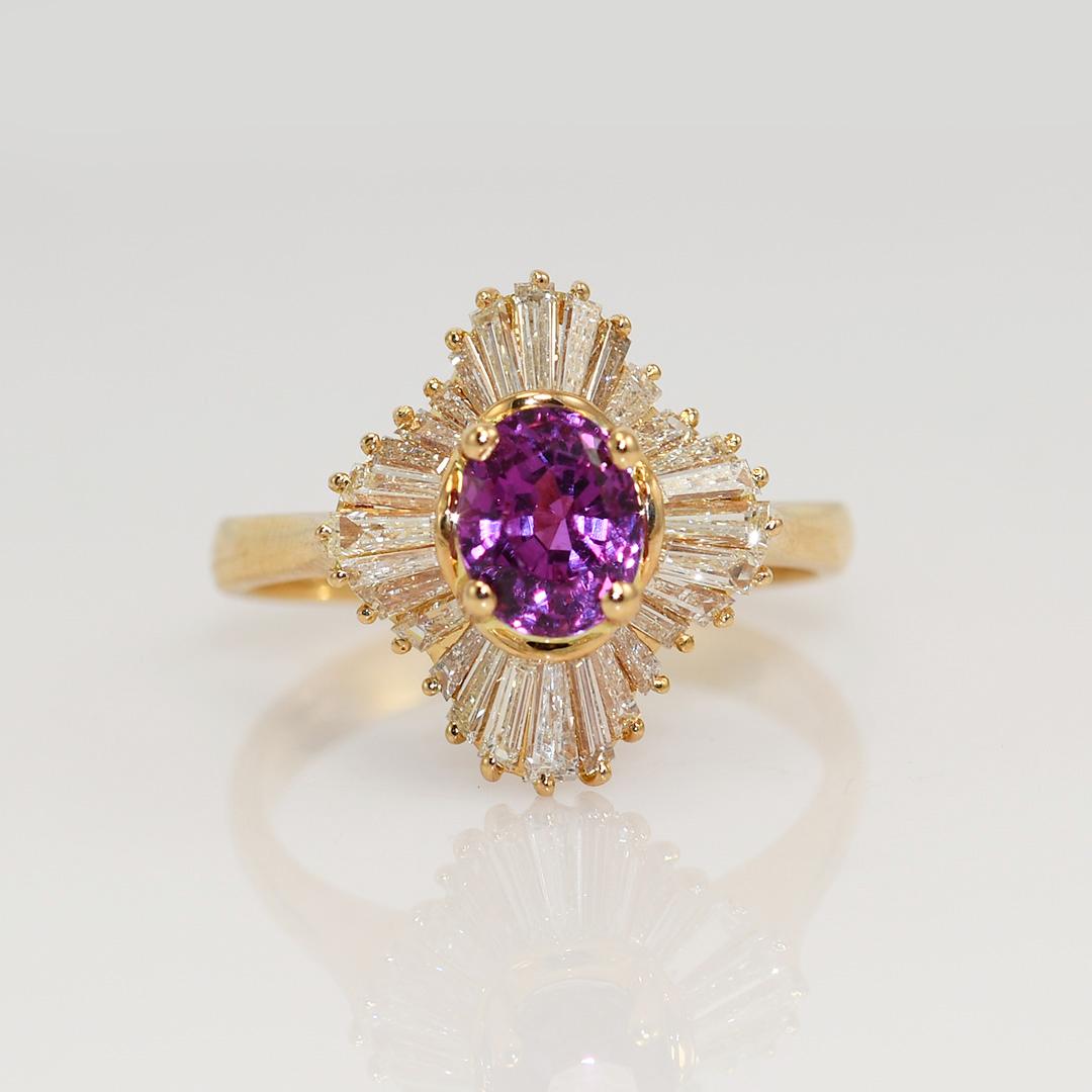 Oval Cut 18K Yellow Gold Hot Pink Sapphire & Diamond Ring For Sale