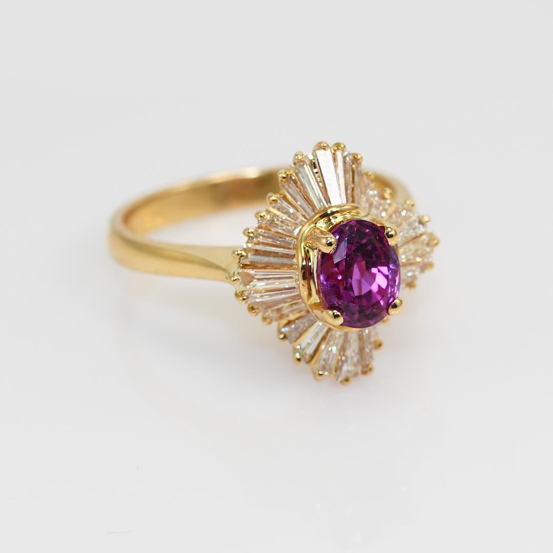 Women's 18K Yellow Gold Hot Pink Sapphire & Diamond Ring For Sale