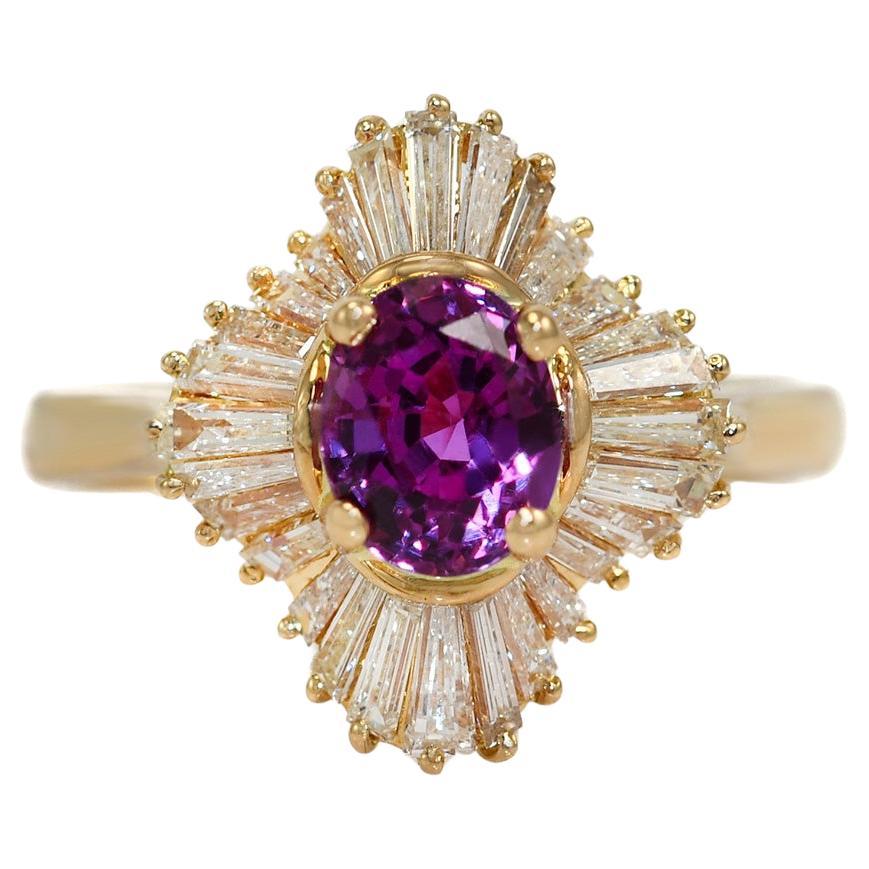 18K Yellow Gold Hot Pink Sapphire & Diamond Ring For Sale