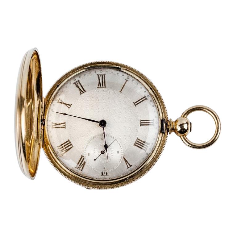 18K Yellow Gold Hunter-Case Swiss Pocket Watch 1880 Guye aux Perrieres For Sale