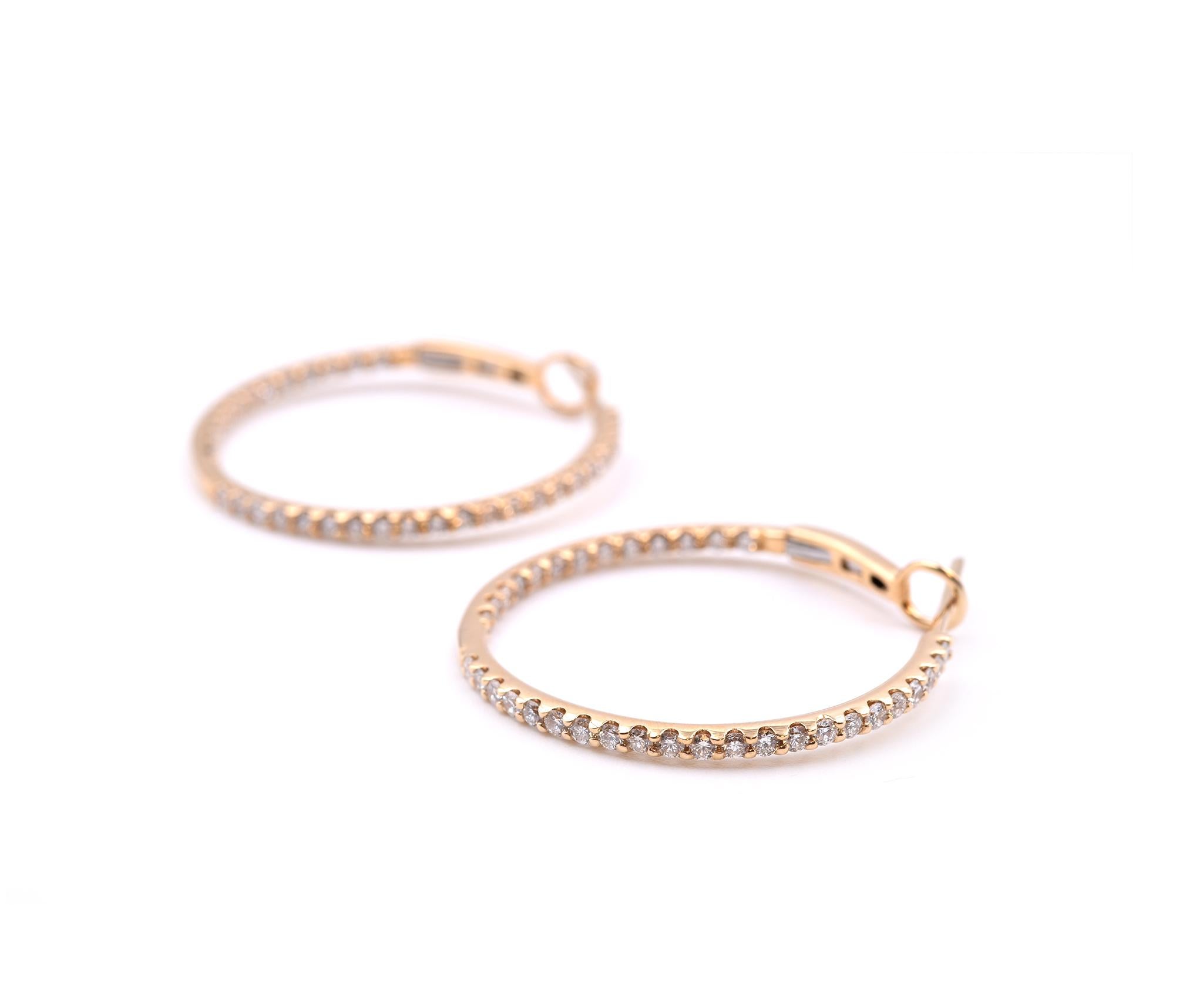 Designer: custom designed
Material: 18k yellow gold
Diamonds: 70 round brilliant cut= 1.36cttw
Color: G
Clarity: VS
Dimensions: earrings are approximately 30.46mm by 1.75mm
Fastenings: post with hinged omega back
Weight: 6.40 grams
