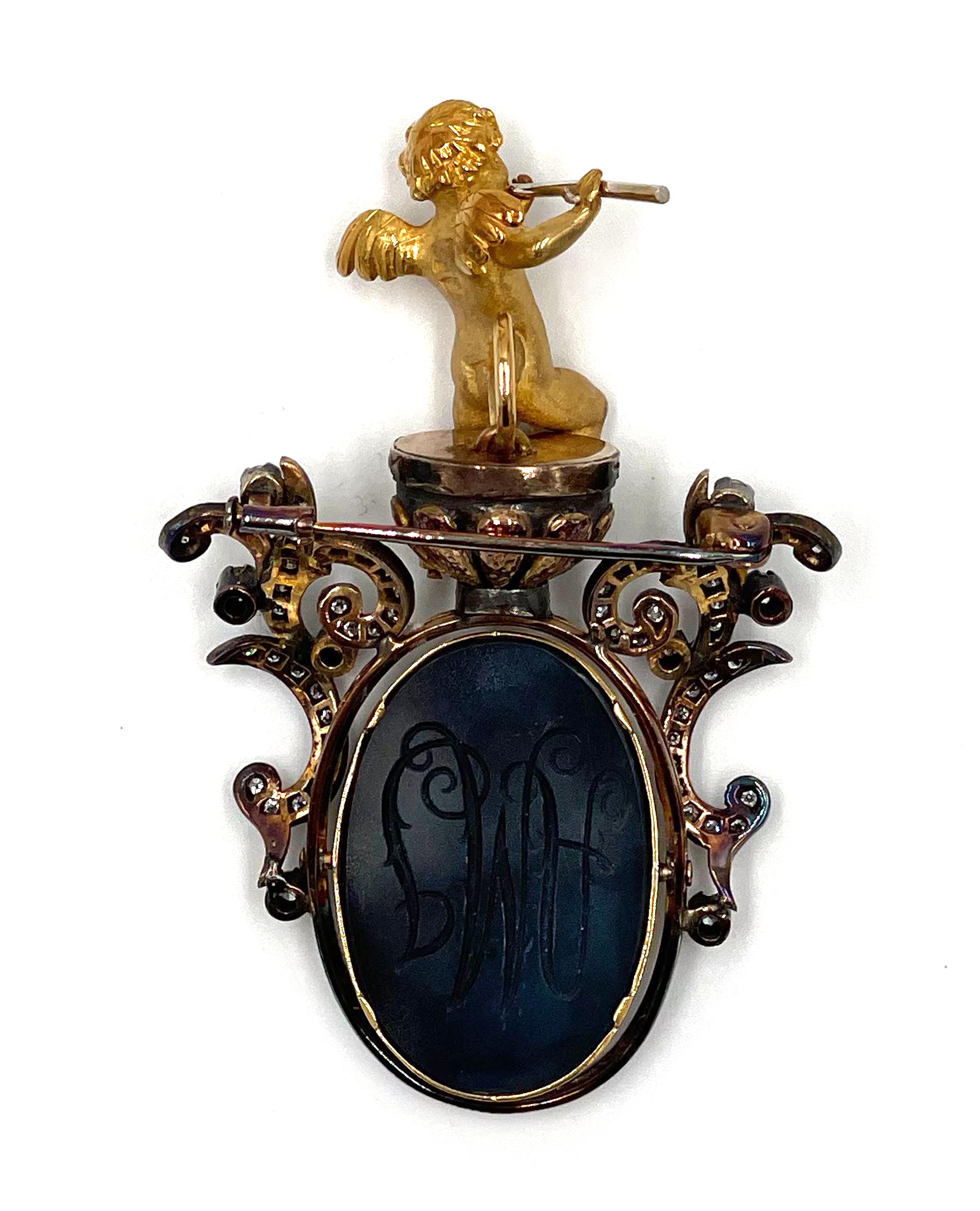 18K Yellow Gold Intaglio and Diamond Brooch-Pendant For Sale 2