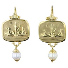 18k Yellow Gold Intaglio and Pearl Drop Earrings