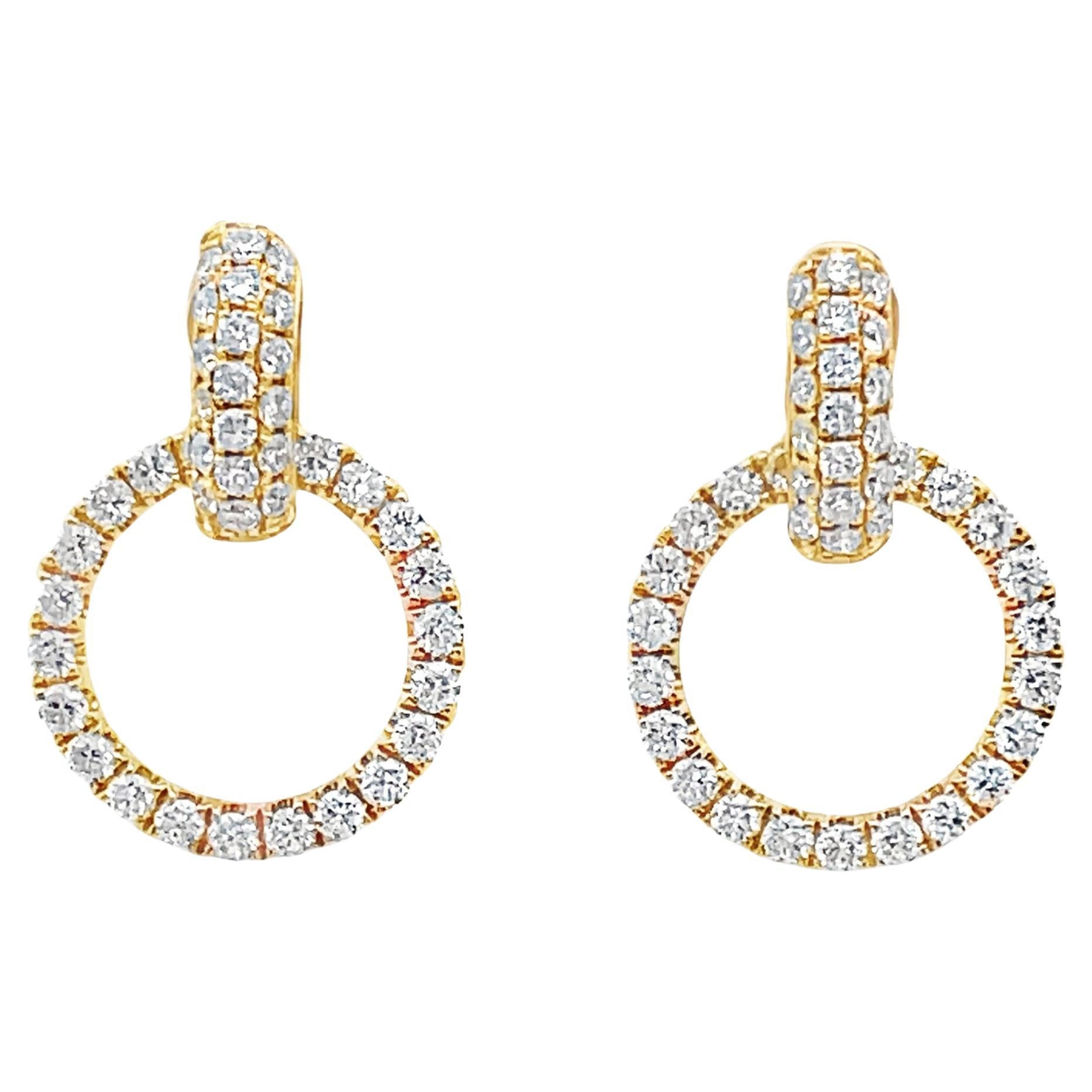 18K Yellow Gold Circle Drop Diamond Earrings with Pushbacks For Sale