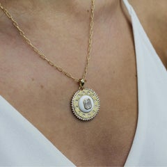 18K Yellow Gold Invisible Set Baguette Diamond Medallion Necklace w/ White Agate