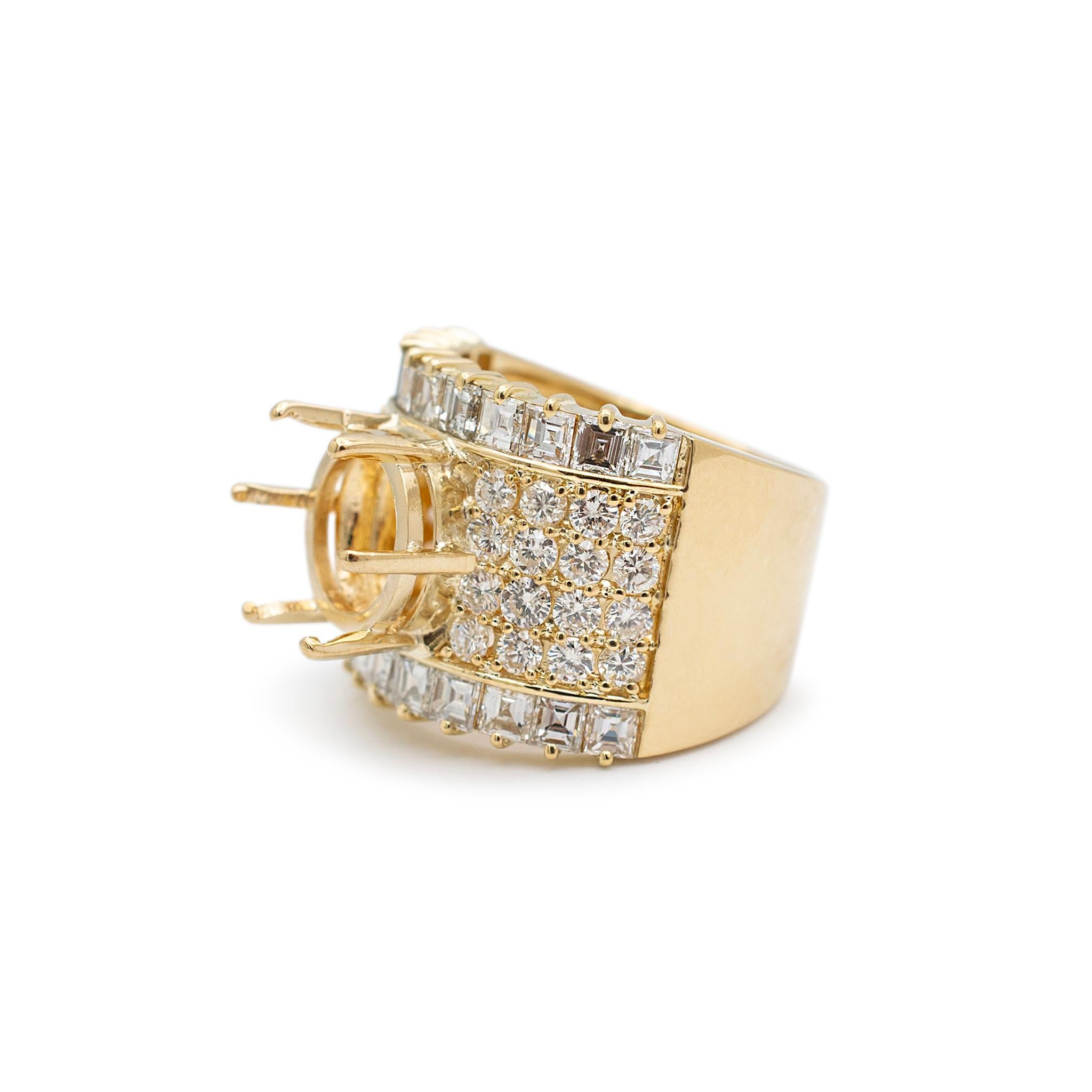 Baguette Cut 18K Yellow Gold Invisible Square Baguette Pave Round Semi Mount Ring For Sale