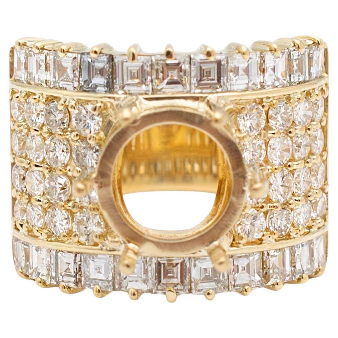18K Yellow Gold Invisible Square Baguette Pave Round Semi Mount Ring For Sale