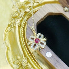 18K Yellow Gold Iris Flower Ruby and Diamond Openwork Necklace