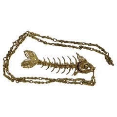 18k Yellow Gold Italian Articulating Fish Bone Pendant w/ 25" Textured Chain