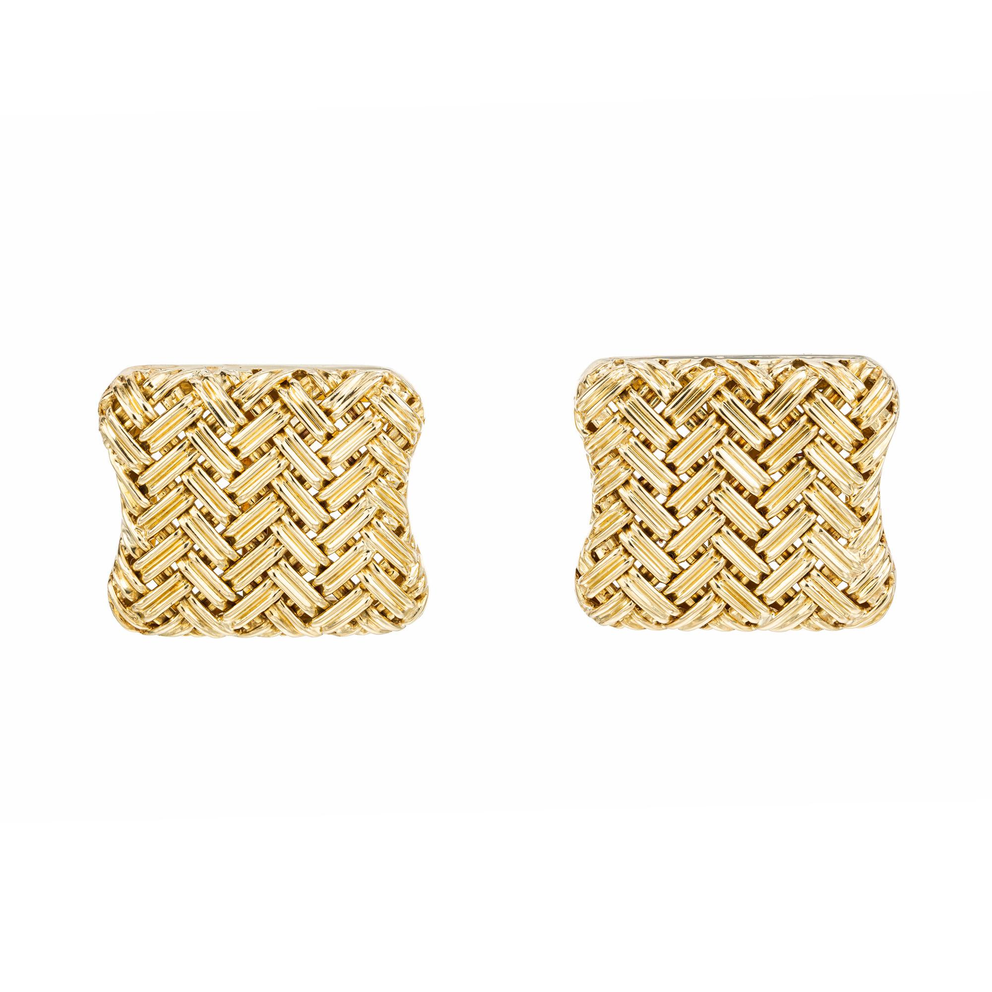 Elevate your formal attire with these exquisite 1960's, 18k Yellow Gold Italian Basket Weave Men's Cufflinks. The intricate basket weave design adds texture and depth to the cufflinks, making them the perfect statement accessory.  The yellow gold