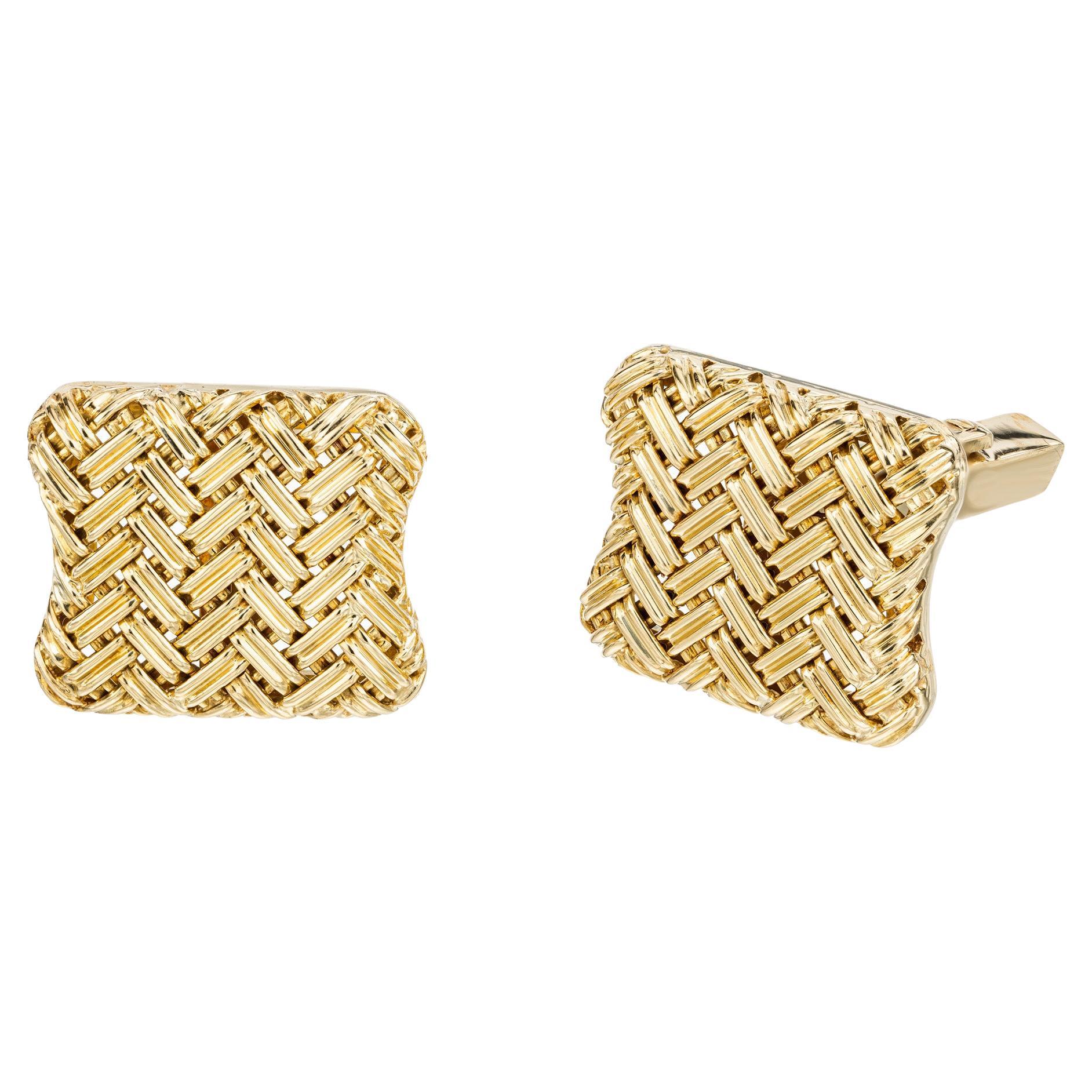 18k Yellow Gold Italian Basket Weave Mid-Century Cufflinks  For Sale