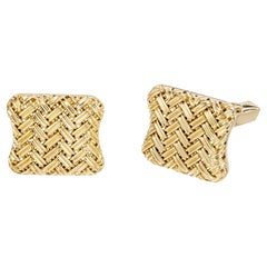 18k Yellow Gold Italian Basket Weave Mid-Century Cufflinks 
